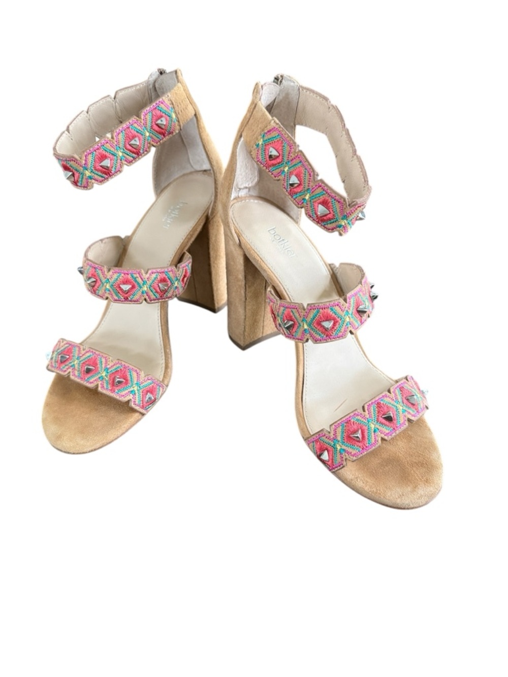 Botkier Gigi Suede Embroidered & Studded Block Heel Sandals Size 7.5